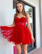 Cute Strapless Tulle A-Line Homecoming Dress With Belt
